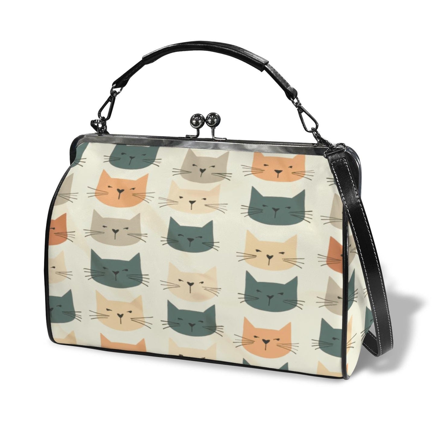 Retro Cat Kisslock Crossbody Shoulder Bag Large Vintage Handbag Purse