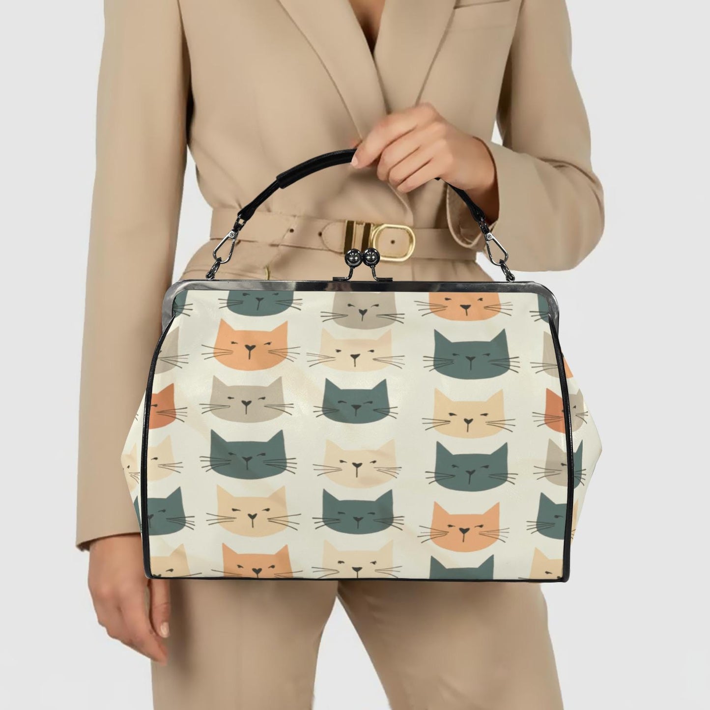 Retro Cat Kisslock Crossbody Shoulder Bag Large Vintage Handbag Purse