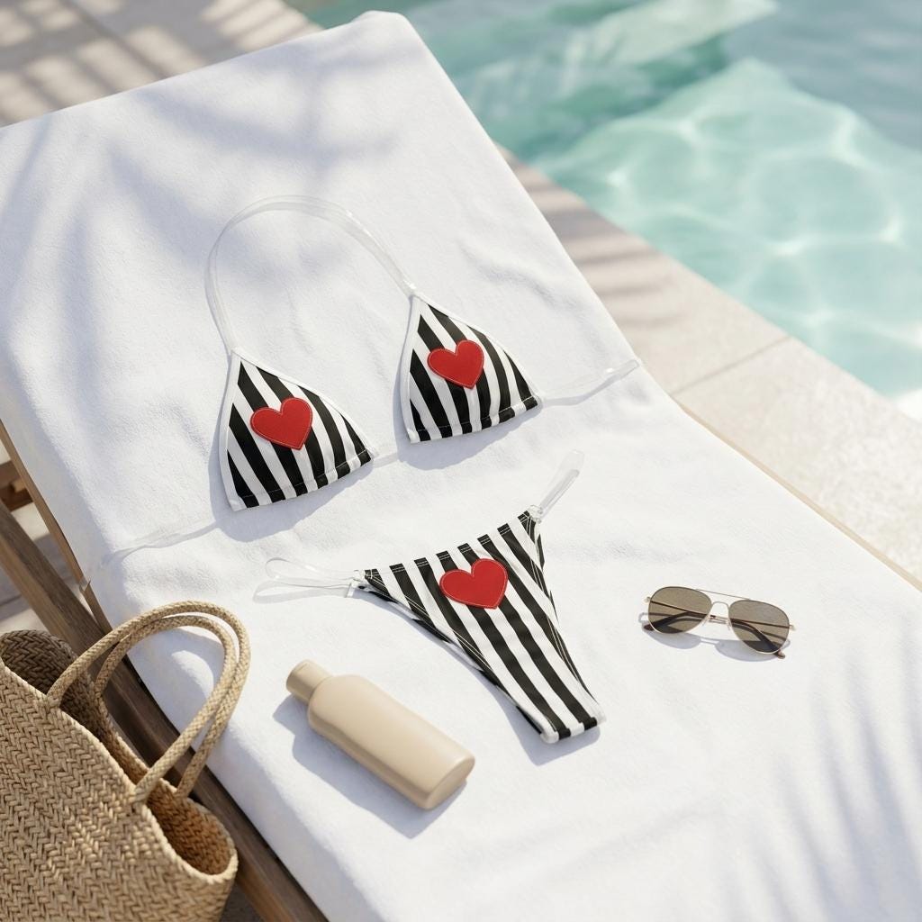 Striped Red Heart Bikini with Clear Transparent Straps - Two Piece Swimsuit Beachwear