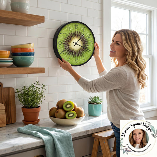 Kiwi Slice Wall Clock, Round Kitchen Decor, Fruit Art, Modern Office Timepiece