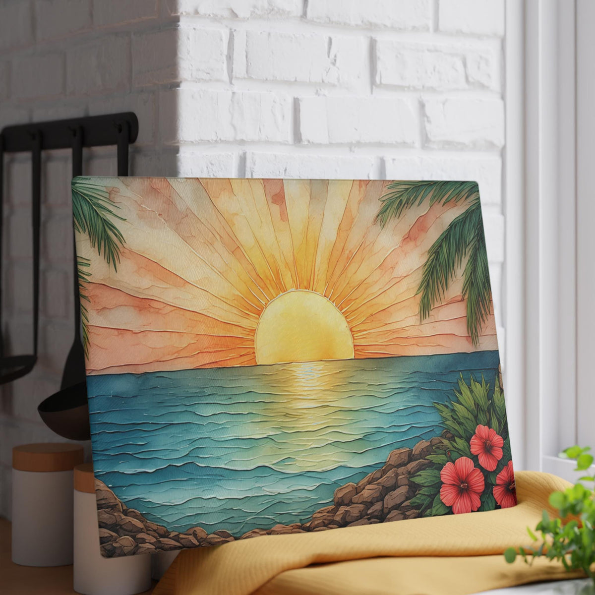 Tropical Sunset Hibiscus Glass Cutting Board | Beach Ocean Sunrise