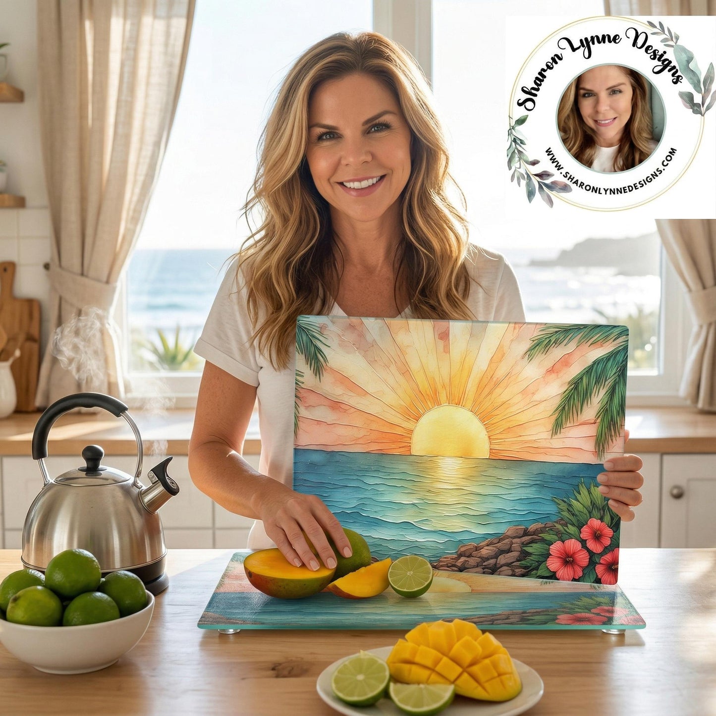 Tropical Sunset Hibiscus Glass Cutting Board | Beach Ocean Sunrise
