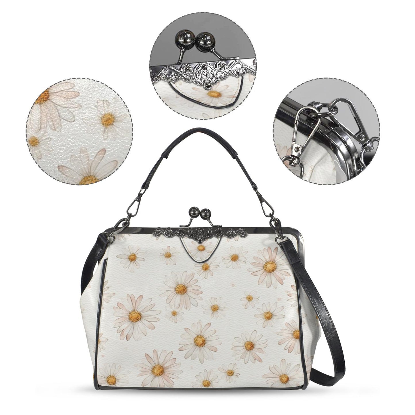Vintage Daisy Floral Kiss Lock Crossbody Shoulder Handbag with Chain Strap