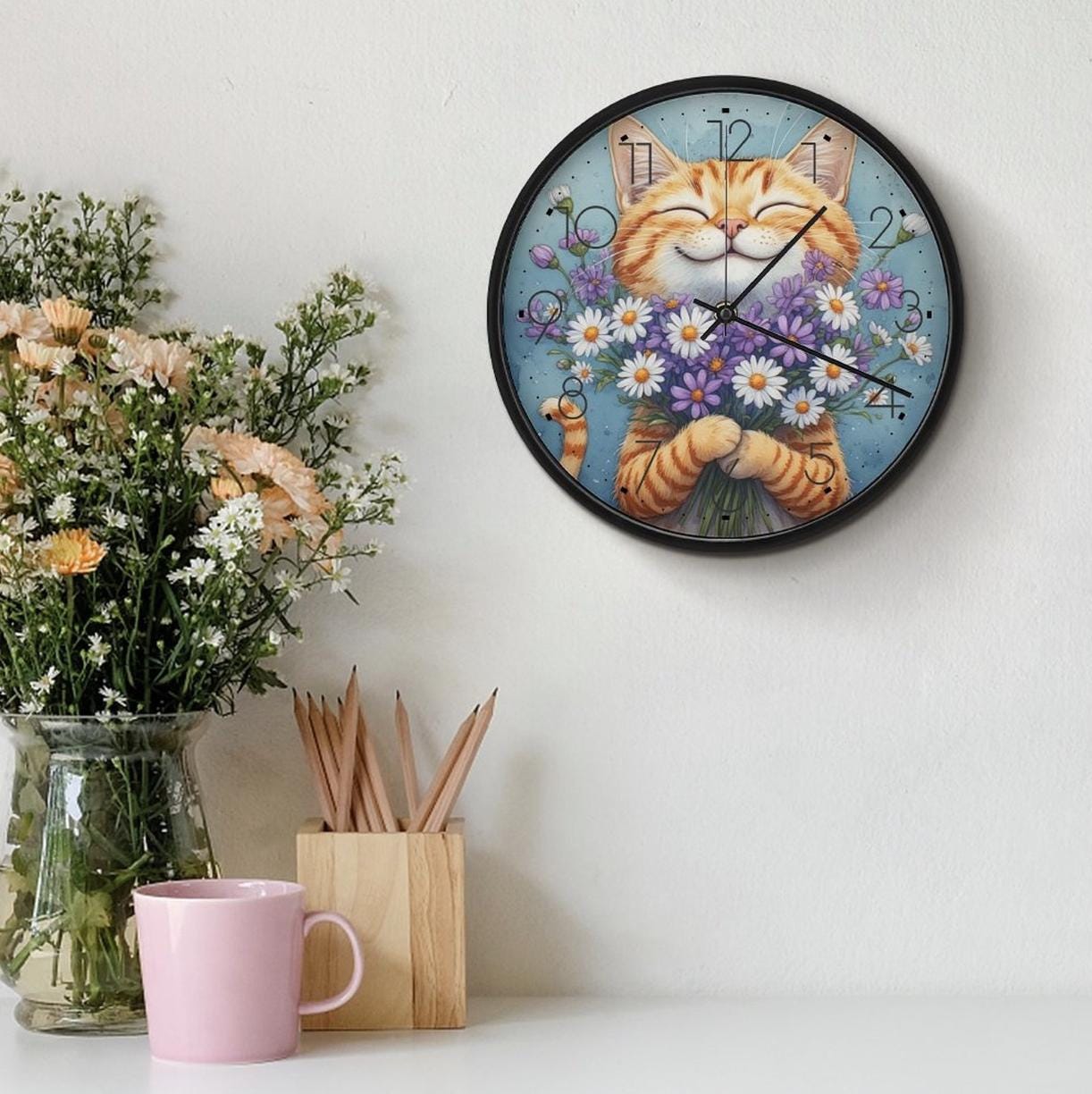 Happy Cat Wall Clock, Whimsical Animal Decor, PC Tempered Glass Art