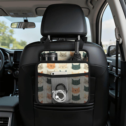 Retro Cat Car Seat Organizer – PU Auto Storage Caddy, Travel Accessories