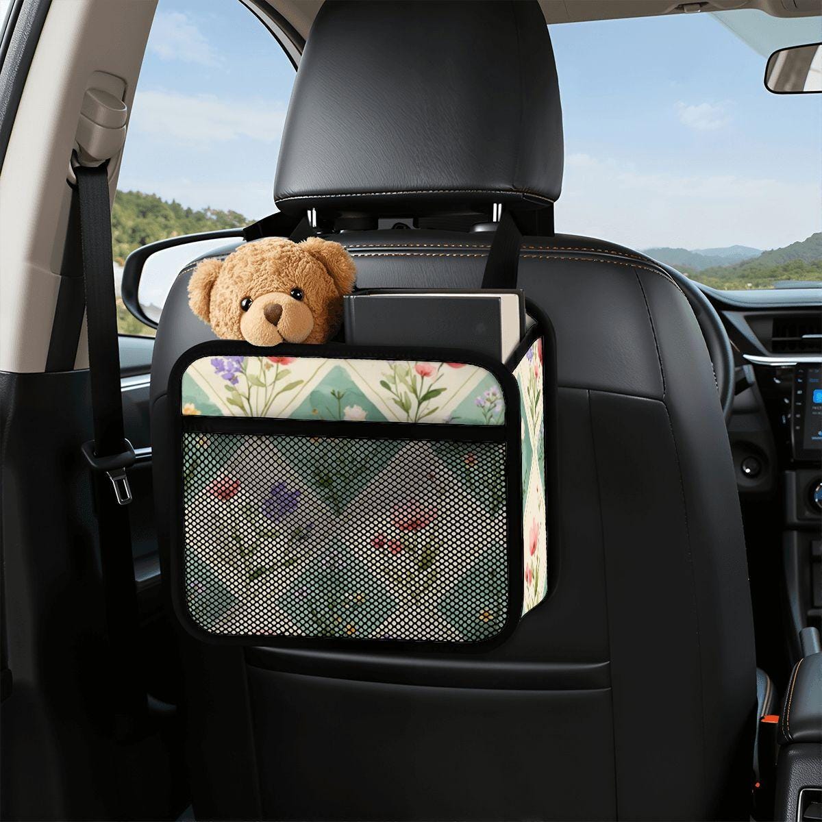 Floral Car Seat Organizer - Backseat Storage Caddy for Travel Accessories and Essentials