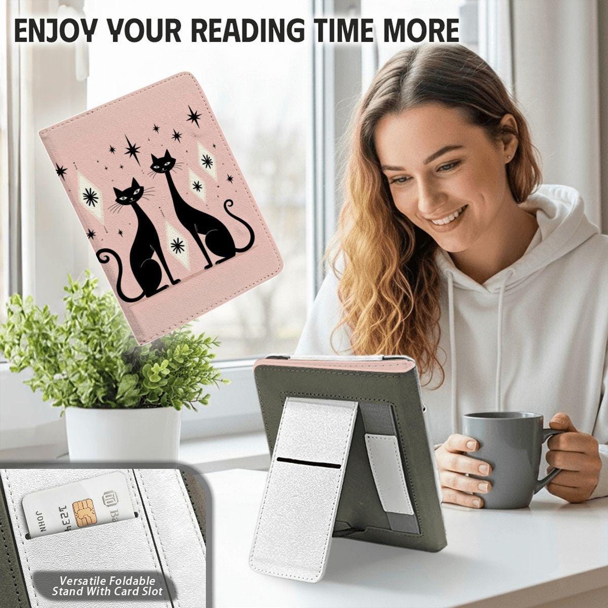 Pink Retro Cat E-Reader Case - Vintage Kitten Book Cover Protection Sleeve