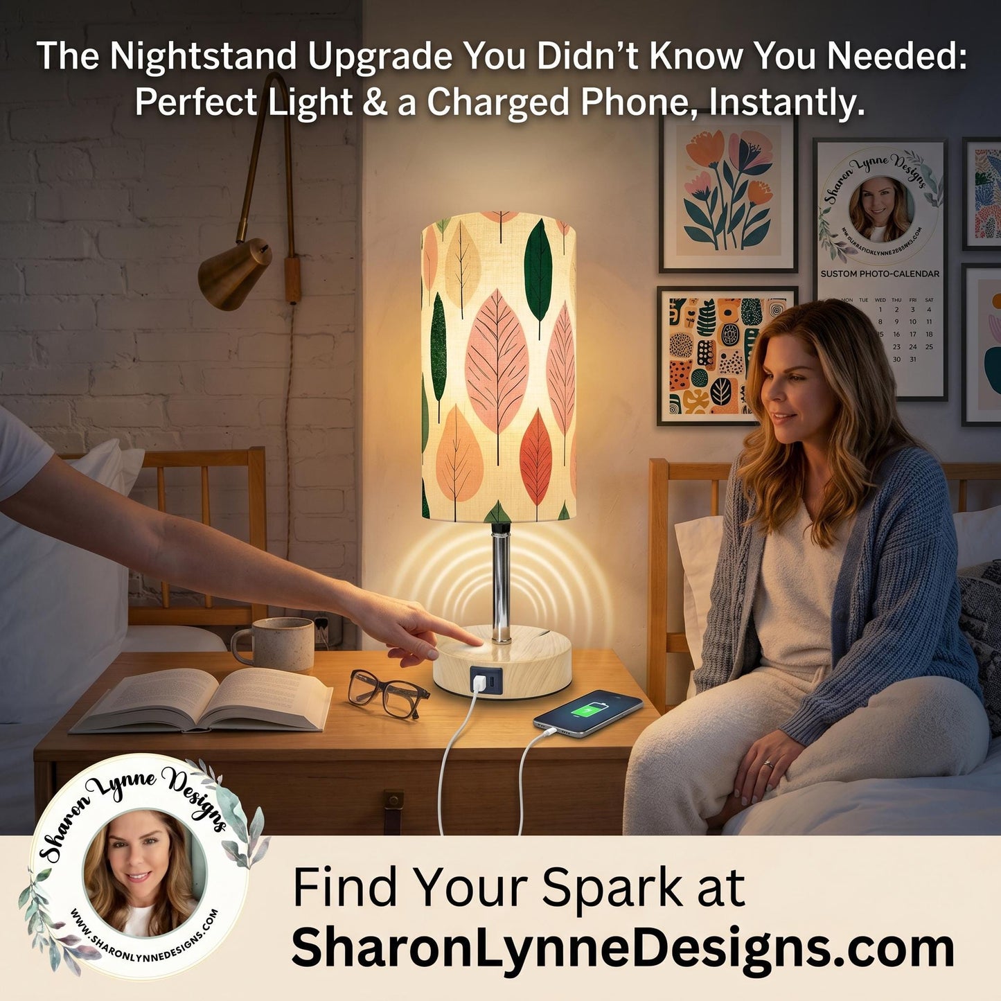 Leaf Touch Sensor Bedside Lamp with USB Charging Port - Modern Nightstand Light