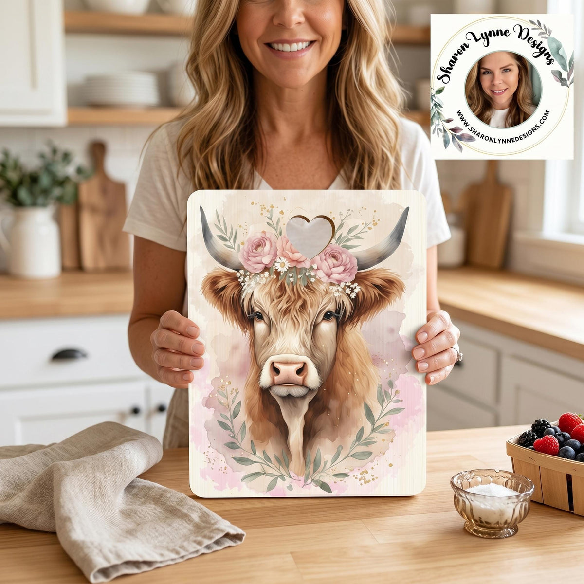 Highland Cow Cutting Board, Heart-Shaped Cutout, Rustic Kitchen Decor, Farmhouse Style