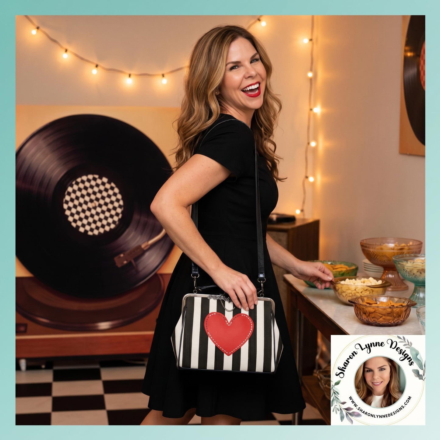 Striped Heart Kisslock Crossbody Bag, Vintage-Inspired PU Leather Handbag