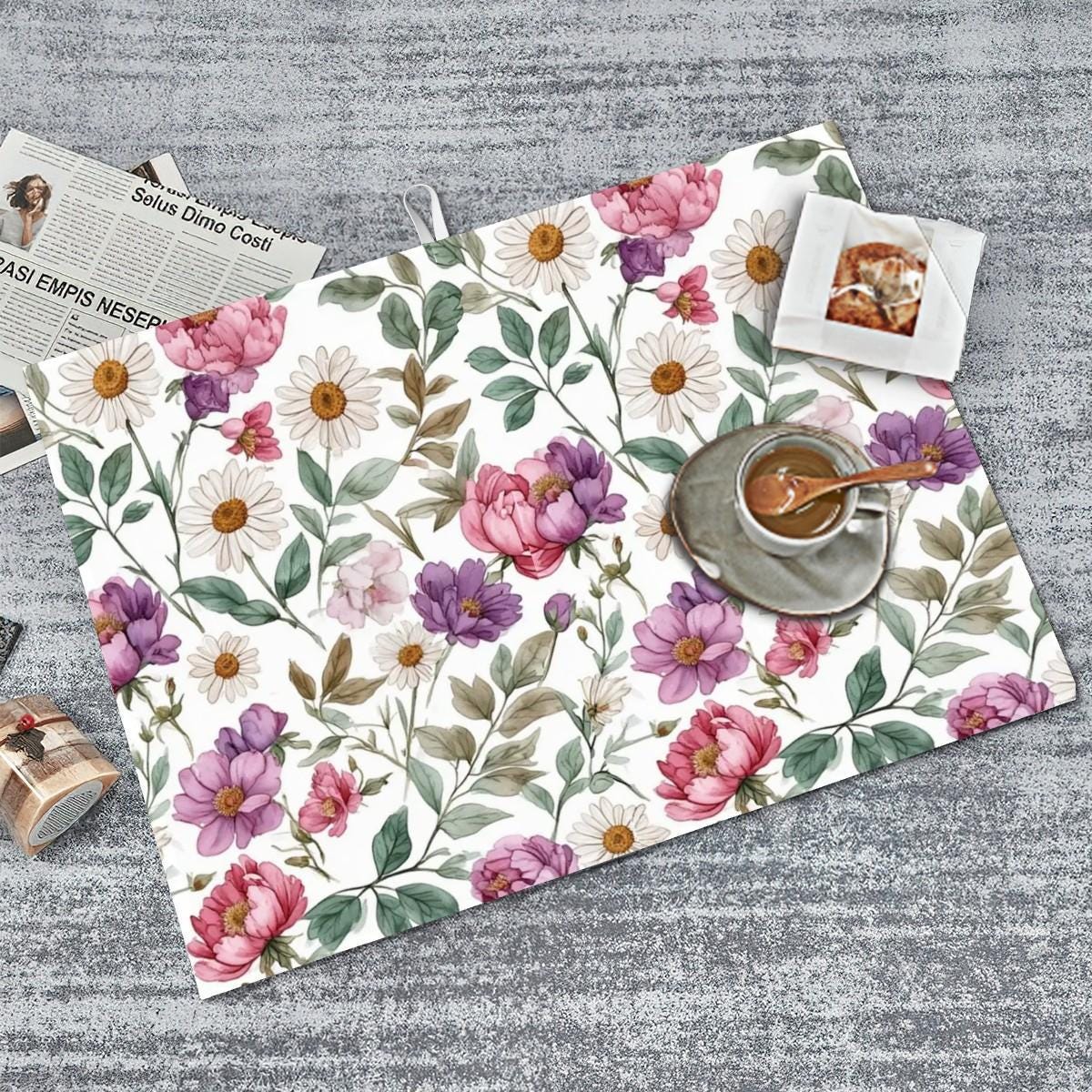 Spring Floral Dish Drying Mat, Large Microfiber Kitchen Absorbent Pad (24 x 18 Inches)