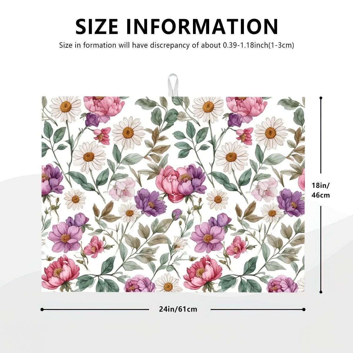 Spring Floral Dish Drying Mat, Large Microfiber Kitchen Absorbent Pad (24 x 18 Inches)
