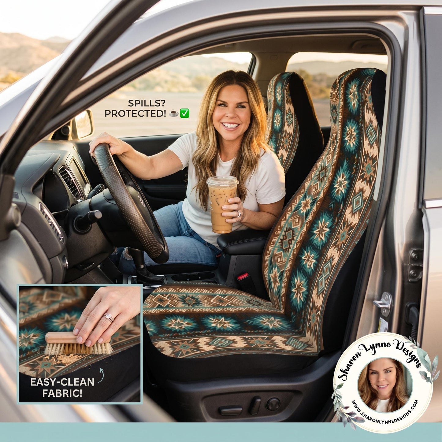 Southwestern Car Seat Covers, Aztec Pattern in Brown and Teal