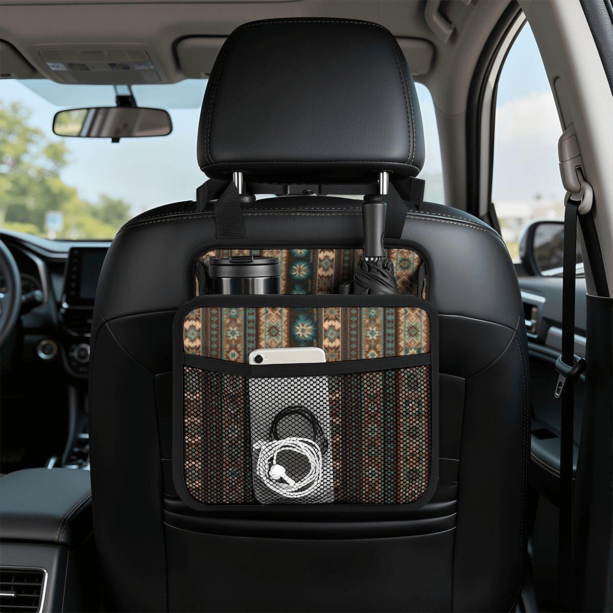 Native Pattern Car Seat Organizer with All-Over Printing - Durable Large Storage Capacity