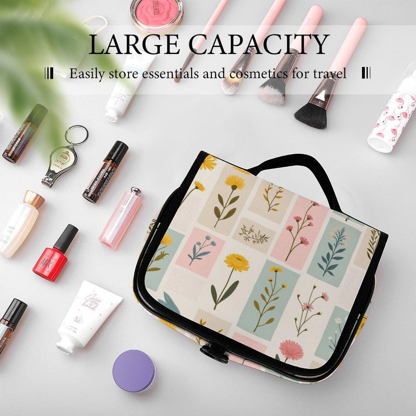Floral Print Makeup Bag Full Coverage Design Toiletry Travel Organizer Cosmetic Pouch Storage