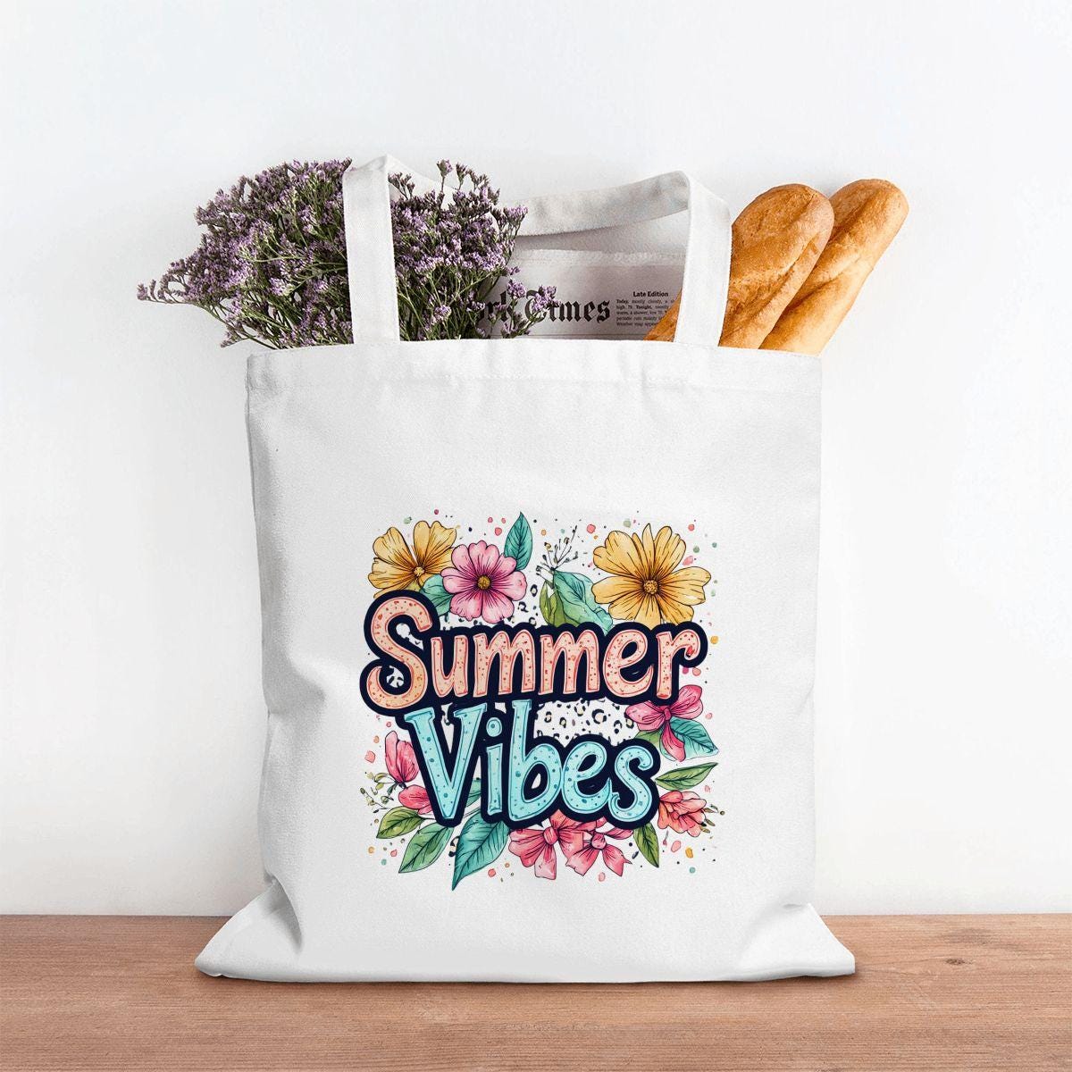 Summer Vibes Reusable Canvas Tote Bag - Eco Friendly Beach Shopping Carry All