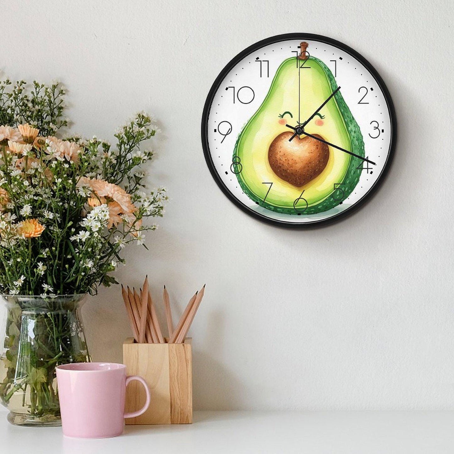 Happy Avocado Wall Clock - Kitchen Decor Timepiece Green Fruit Design Home Office Art