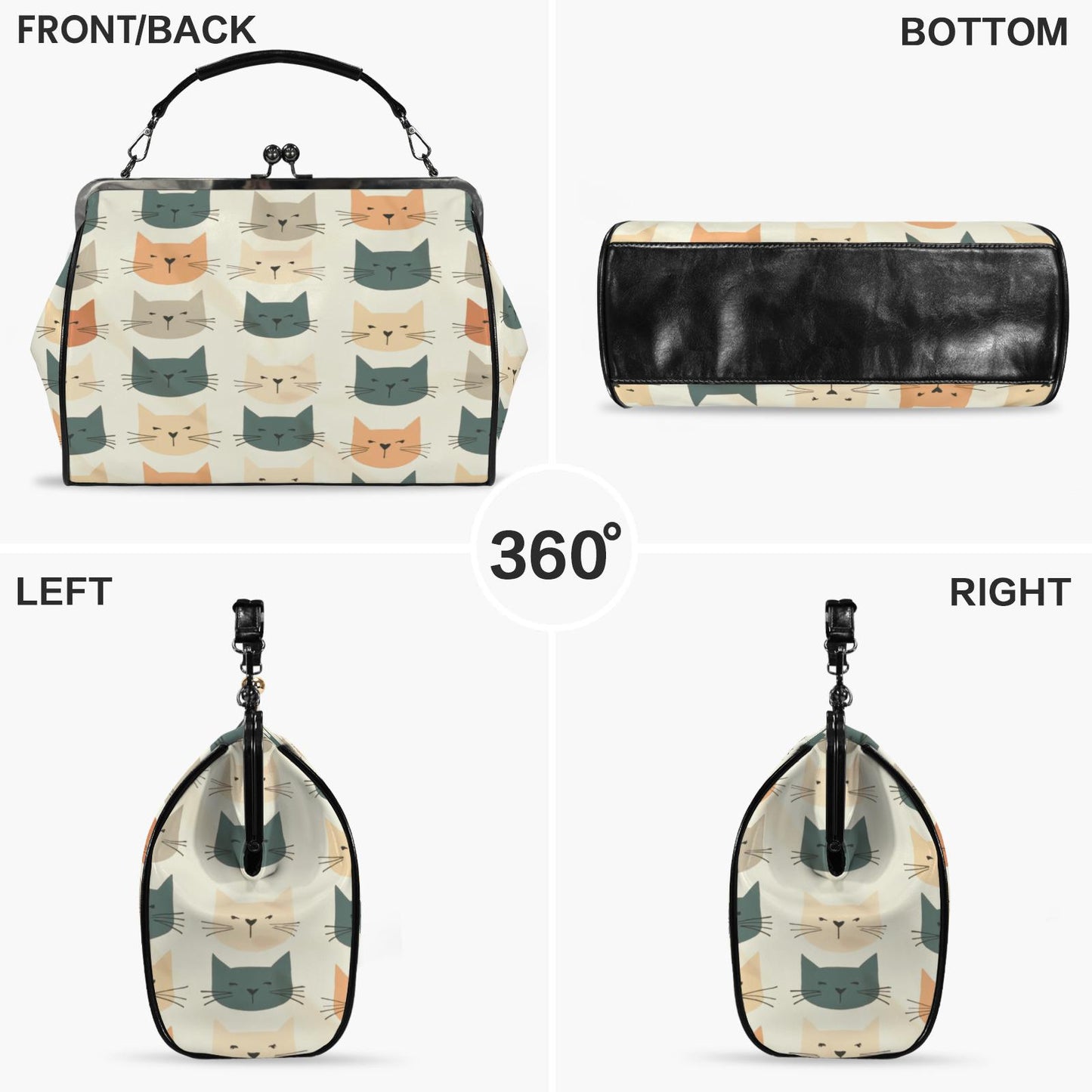 Retro Cat Kisslock Crossbody Shoulder Bag Large Vintage Handbag Purse