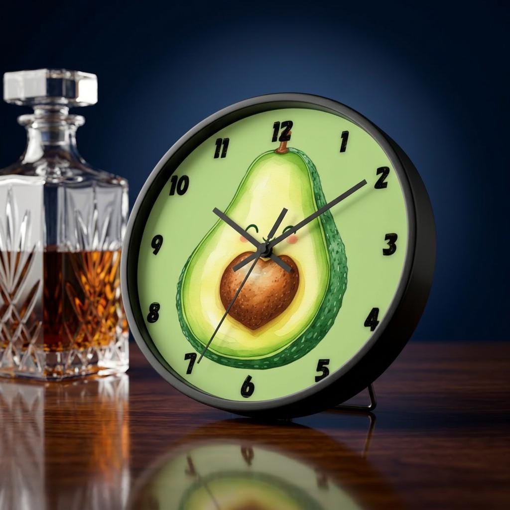 Smiling Avocado Heart Wall Clock | Whimsical Kitchen Decor, 10 Inch Wood Frame