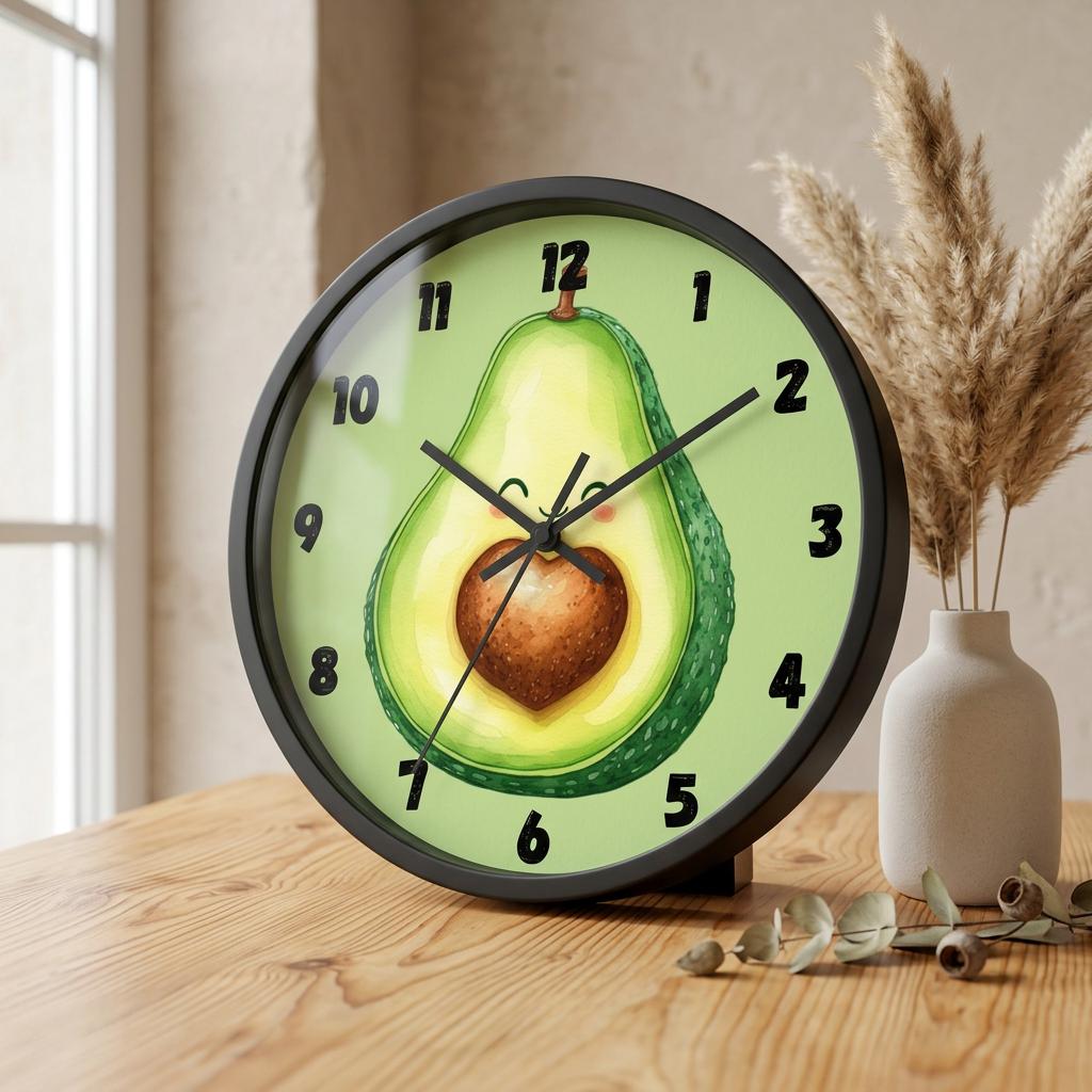 Smiling Avocado Heart Wall Clock | Whimsical Kitchen Decor, 10 Inch Wood Frame
