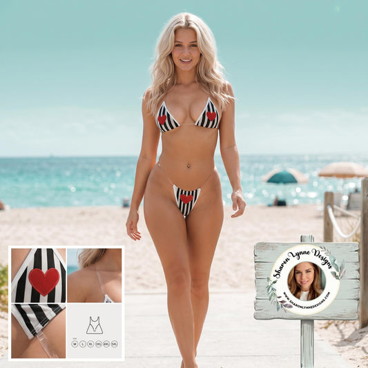 Striped Red Heart Bikini with Clear Transparent Straps - Two Piece Swimsuit Beachwear