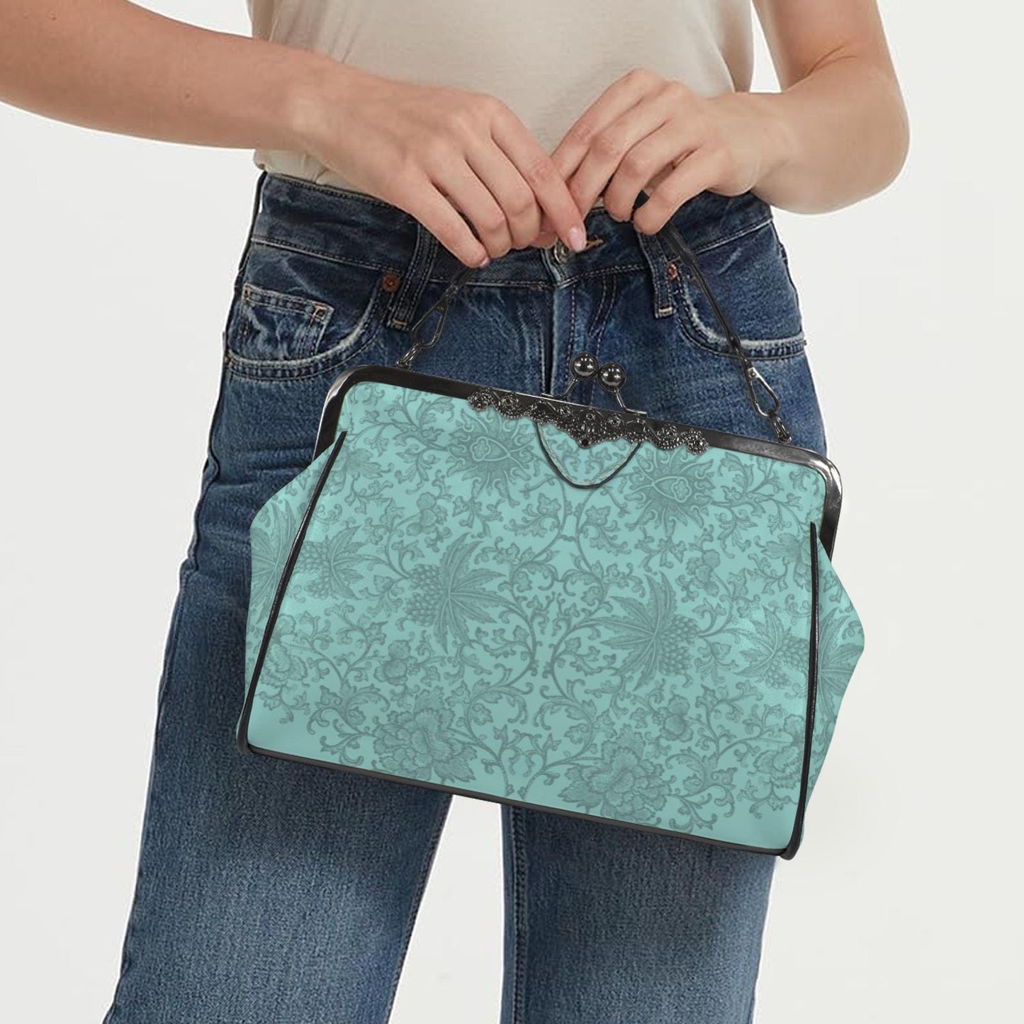 Vintage Blue Kisslock Purse Crossbody Shoulder Bag Retro Handbag