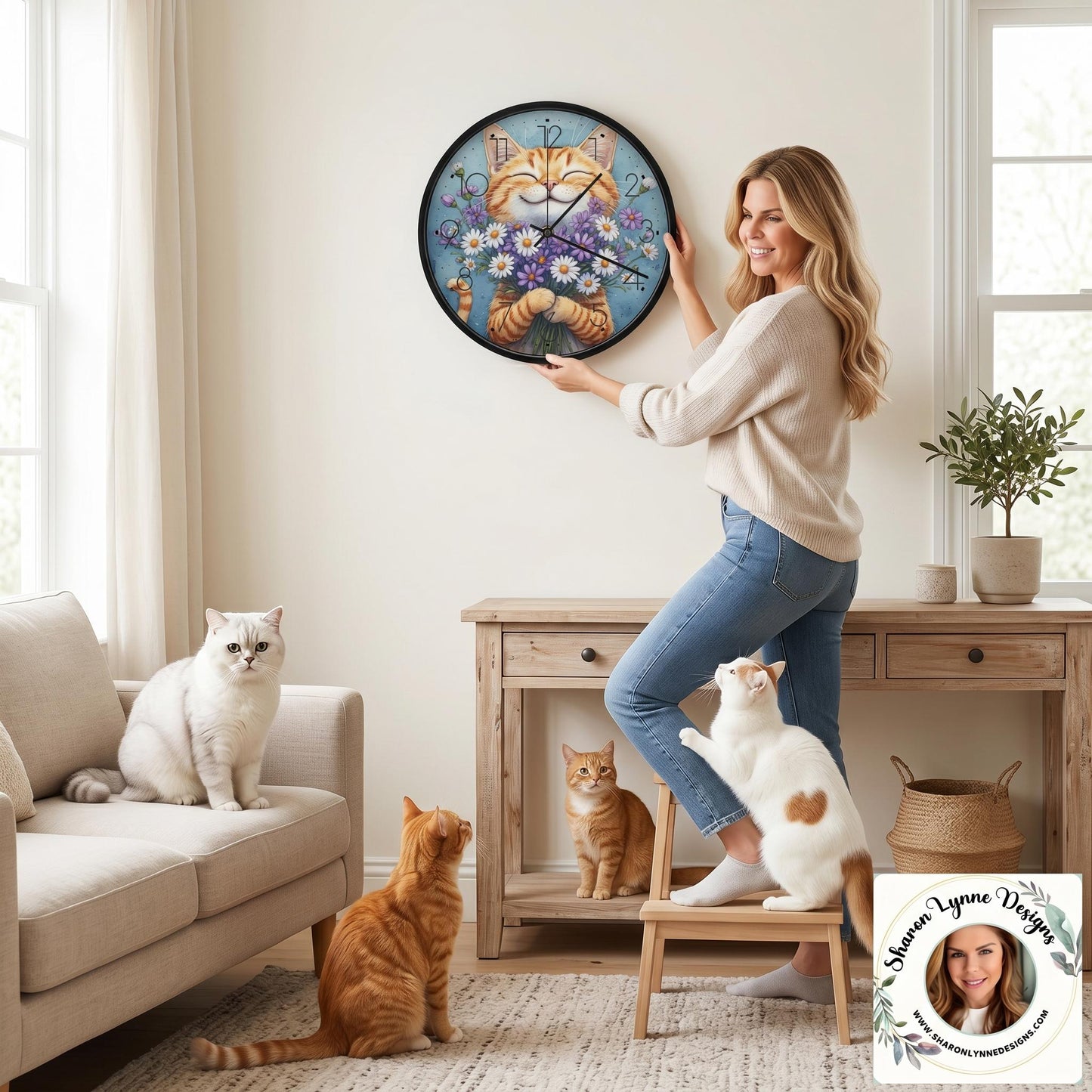 Happy Cat Wall Clock, Whimsical Animal Decor, PC Tempered Glass Art