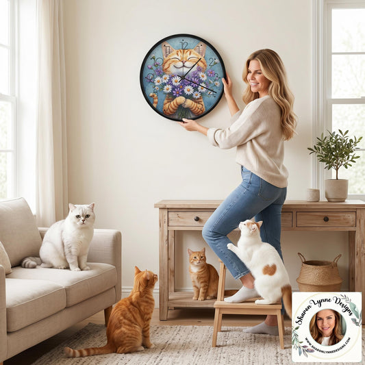 Happy Cat Wall Clock, Whimsical Animal Decor, PC Tempered Glass Art