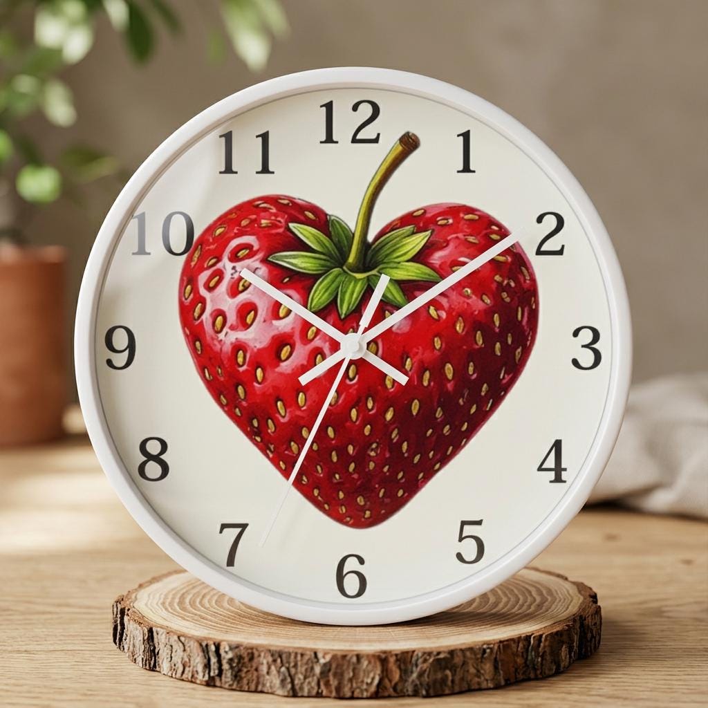 Heart Strawberry Fruit Illustration Clock | Playful Kitchen Decor, Natural Wood Frame