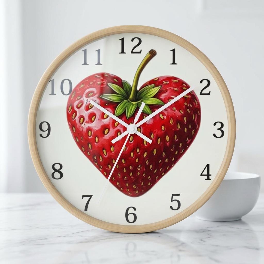 Heart Strawberry Fruit Illustration Clock | Playful Kitchen Decor, Natural Wood Frame