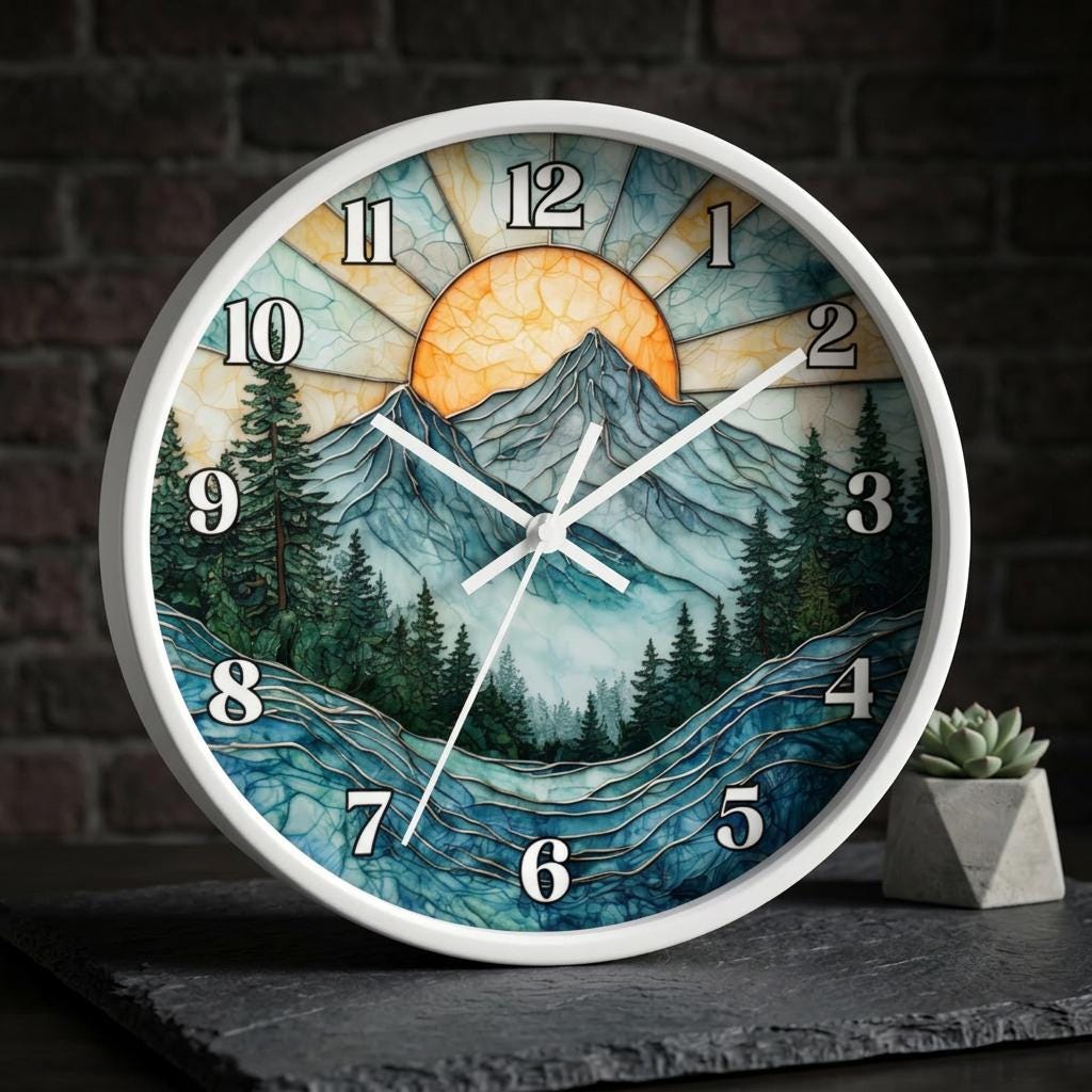 Mountain Sunrise Stained Glass Clock: Pine Forest Nature Wall Art (10" Diameter)