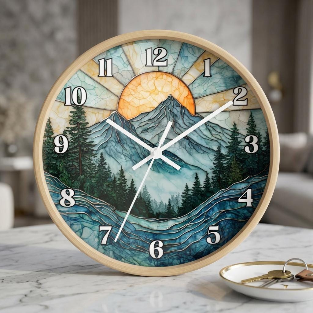 Mountain Sunrise Stained Glass Clock: Pine Forest Nature Wall Art (10" Diameter)