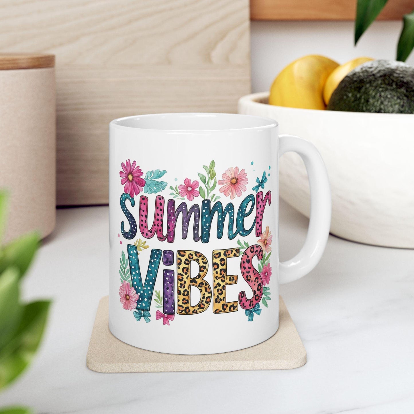 Summer Vibes Mug, Floral Typography Ceramic Coffee Cup with Curved Lip