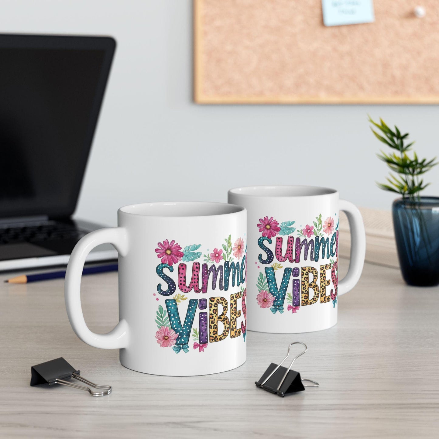 Summer Vibes Floral Typography Ceramic Coffee Tea Mug - Boho Garden Party Gift Cup