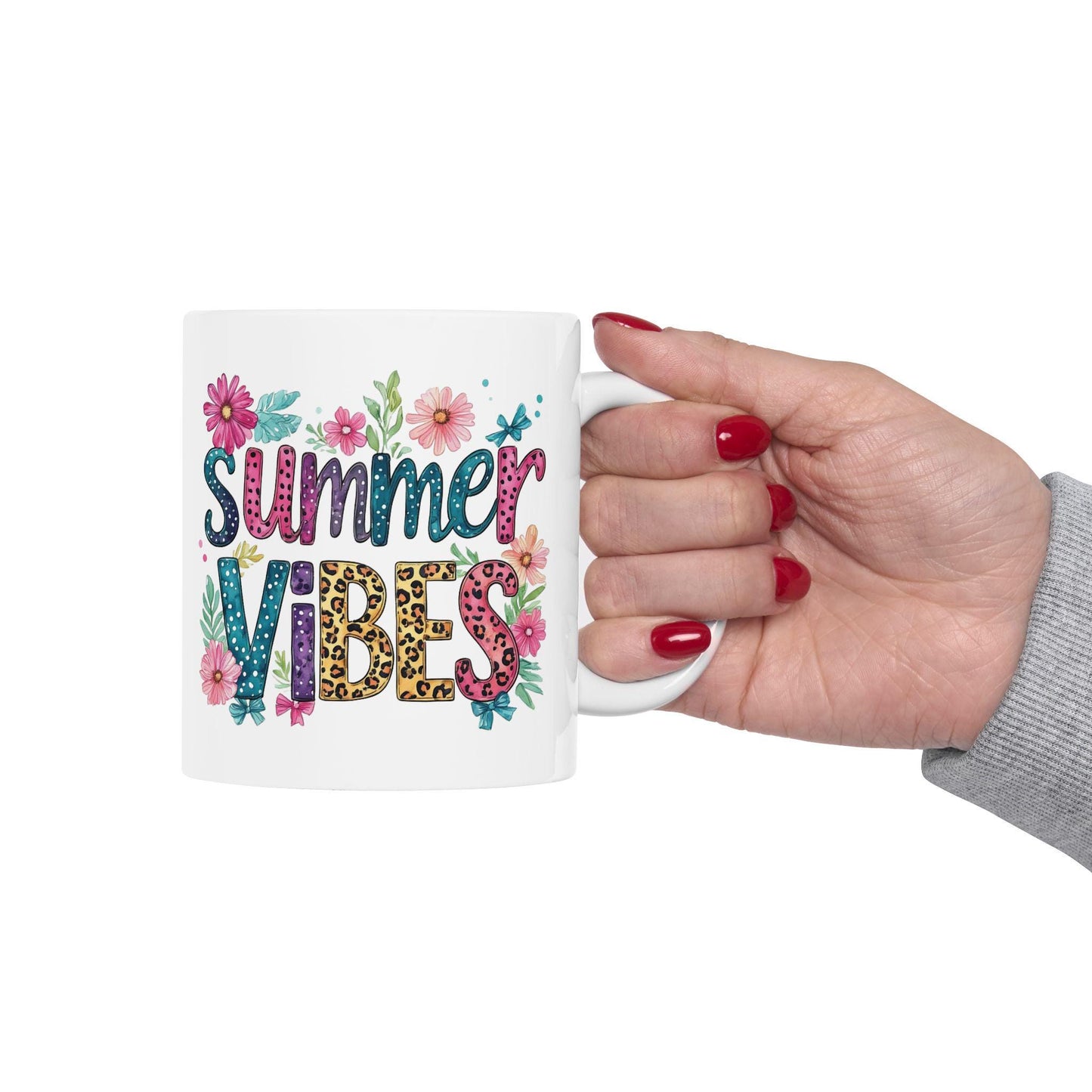 Summer Vibes Floral Typography Ceramic Coffee Tea Mug - Boho Garden Party Gift Cup