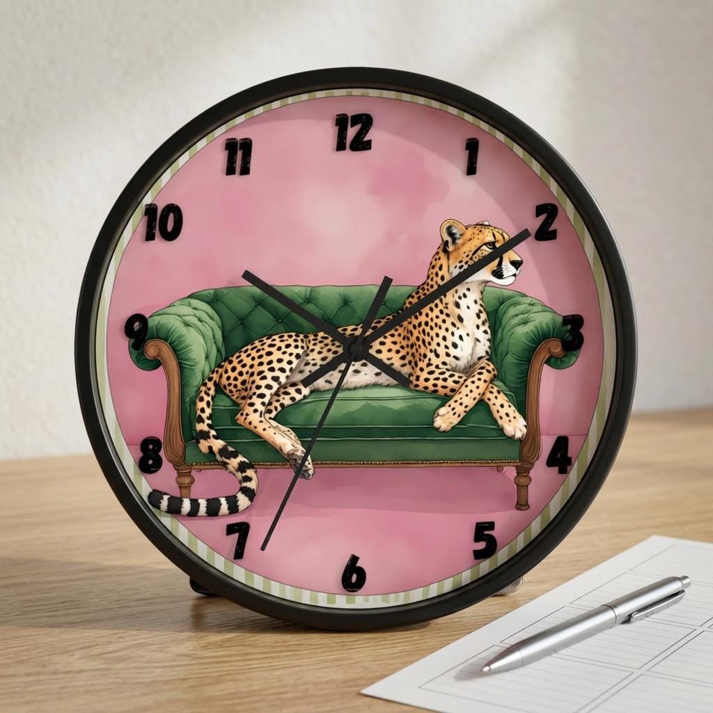 Cheetah Green Sofa Wall Clock Pink Background Animal Home Decor Art Wildlife Living Room
