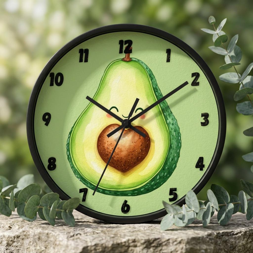 Smiling Avocado Heart Wall Clock | Whimsical Kitchen Decor, 10 Inch Wood Frame