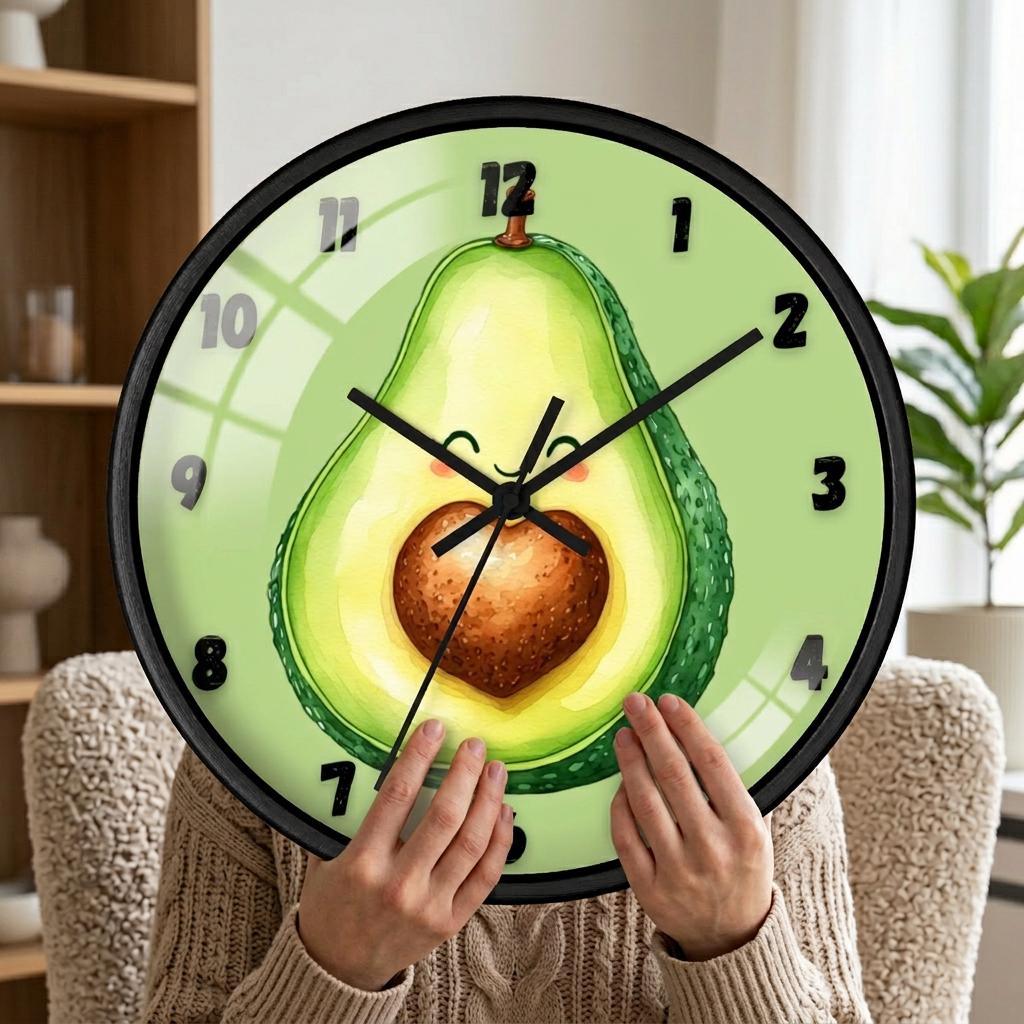 Smiling Avocado Heart Wall Clock | Whimsical Kitchen Decor, 10 Inch Wood Frame