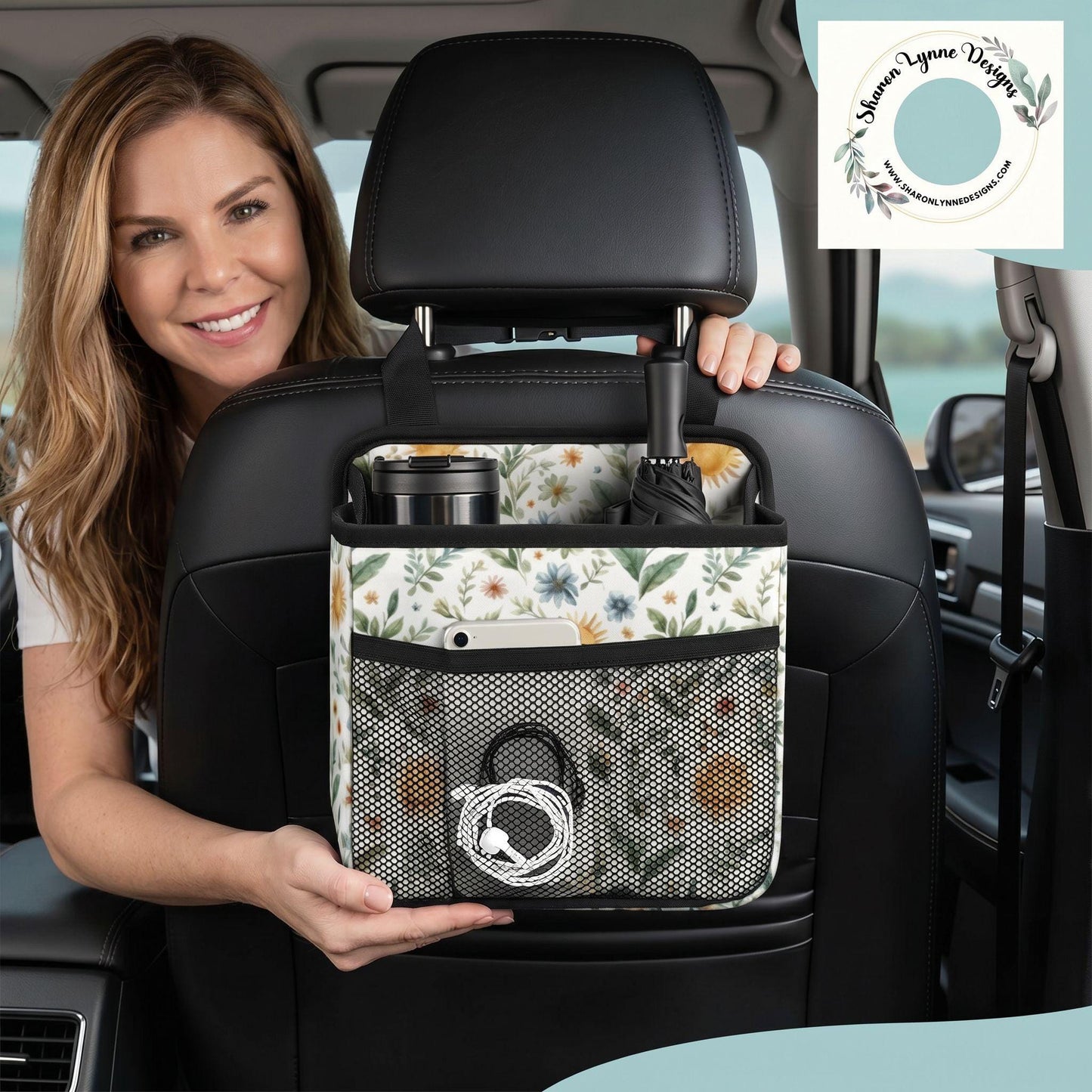 Compartment Backseat Organizer, Yellow Sunflower Print, PU Car Storage