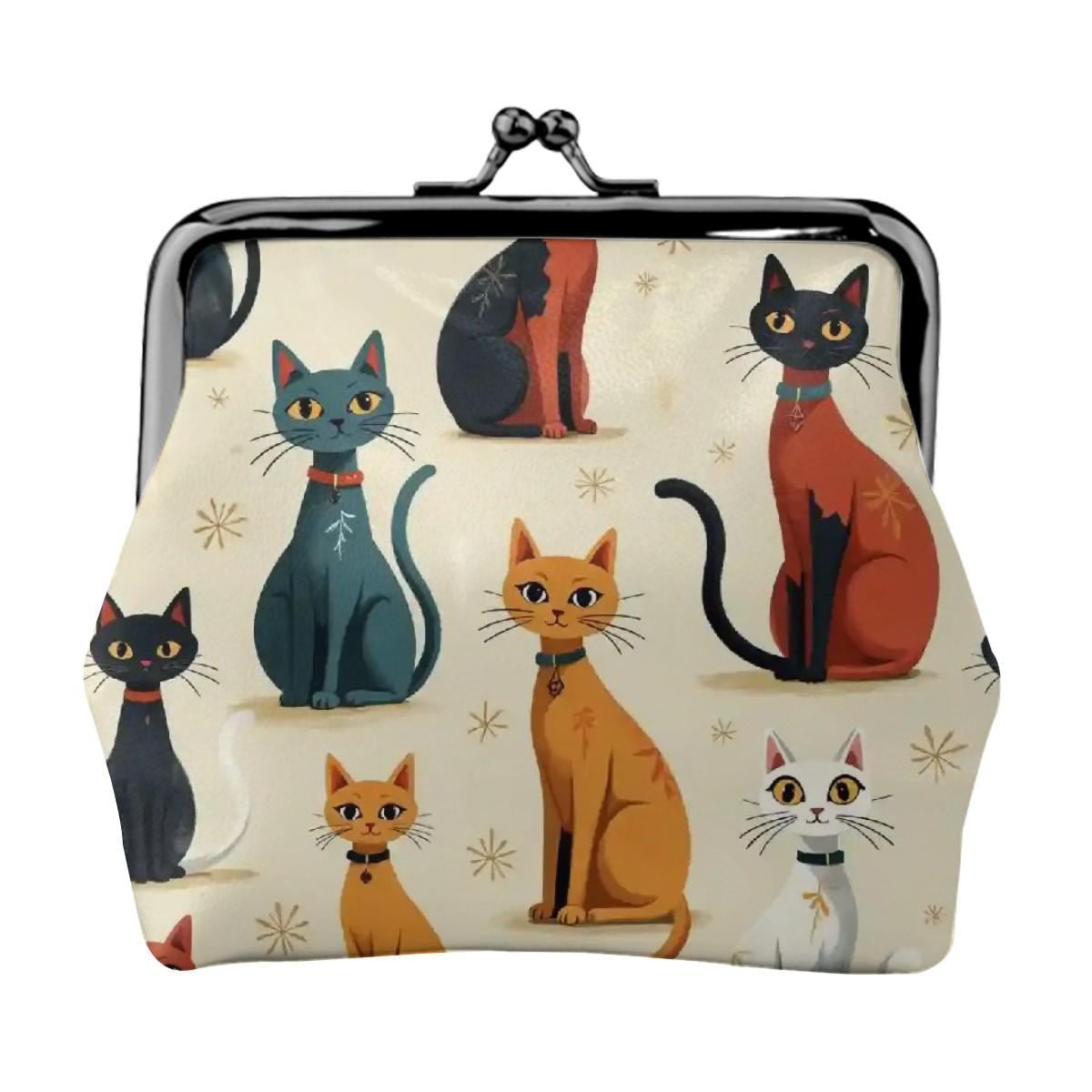 Retro Cat Women's Leather Kiss Lock Coin Purse Vintage Small Wallet