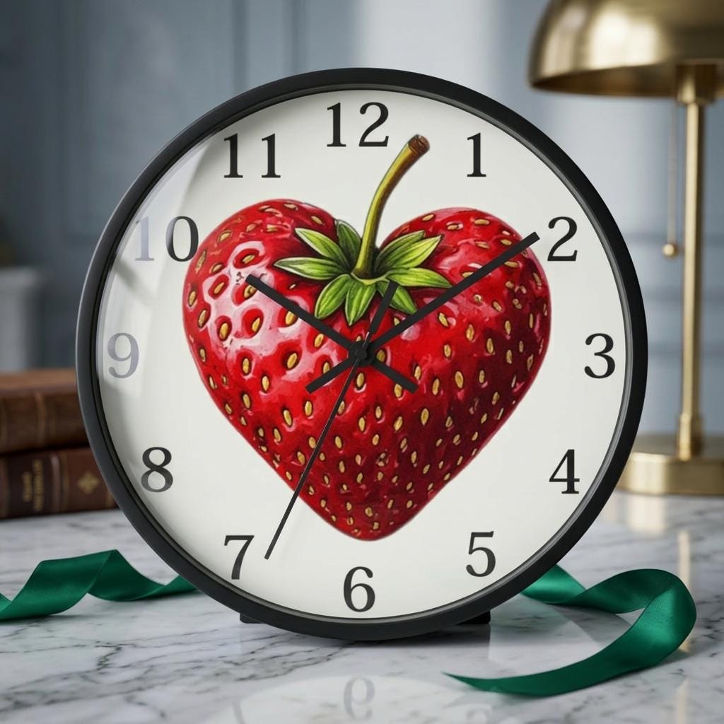 Heart Strawberry Fruit Illustration Clock | Playful Kitchen Decor, Natural Wood Frame
