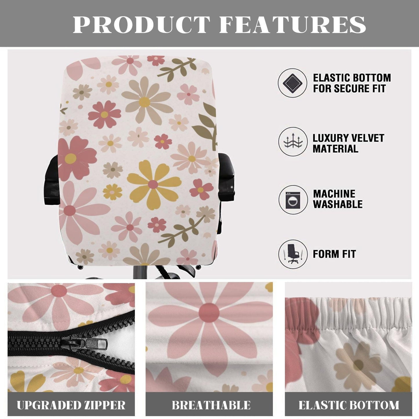 Floral Office Chair Cover: Milk Silk Fabric, Universal Fit, Washable Seat Slipcover