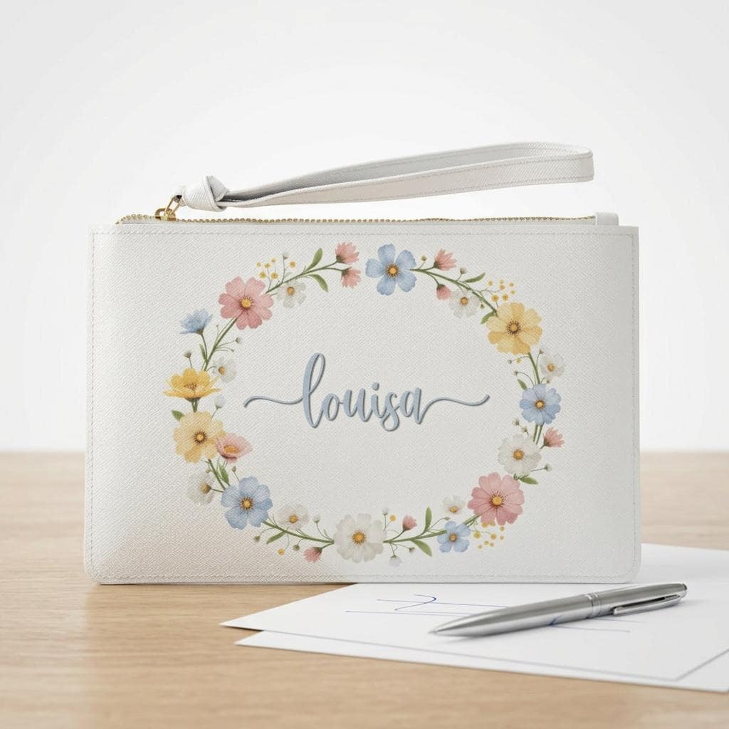 Personalized Floral Name Wreath Clutch Bag Custom Script Monogram Wedding Purse Bridal Accessory