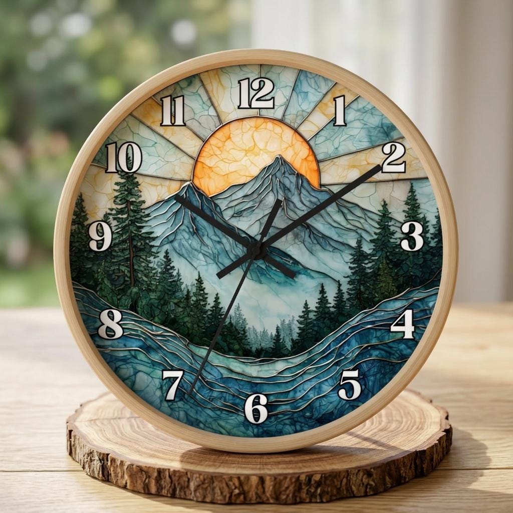 Mountain Sunrise Stained Glass Clock: Pine Forest Nature Wall Art (10" Diameter)