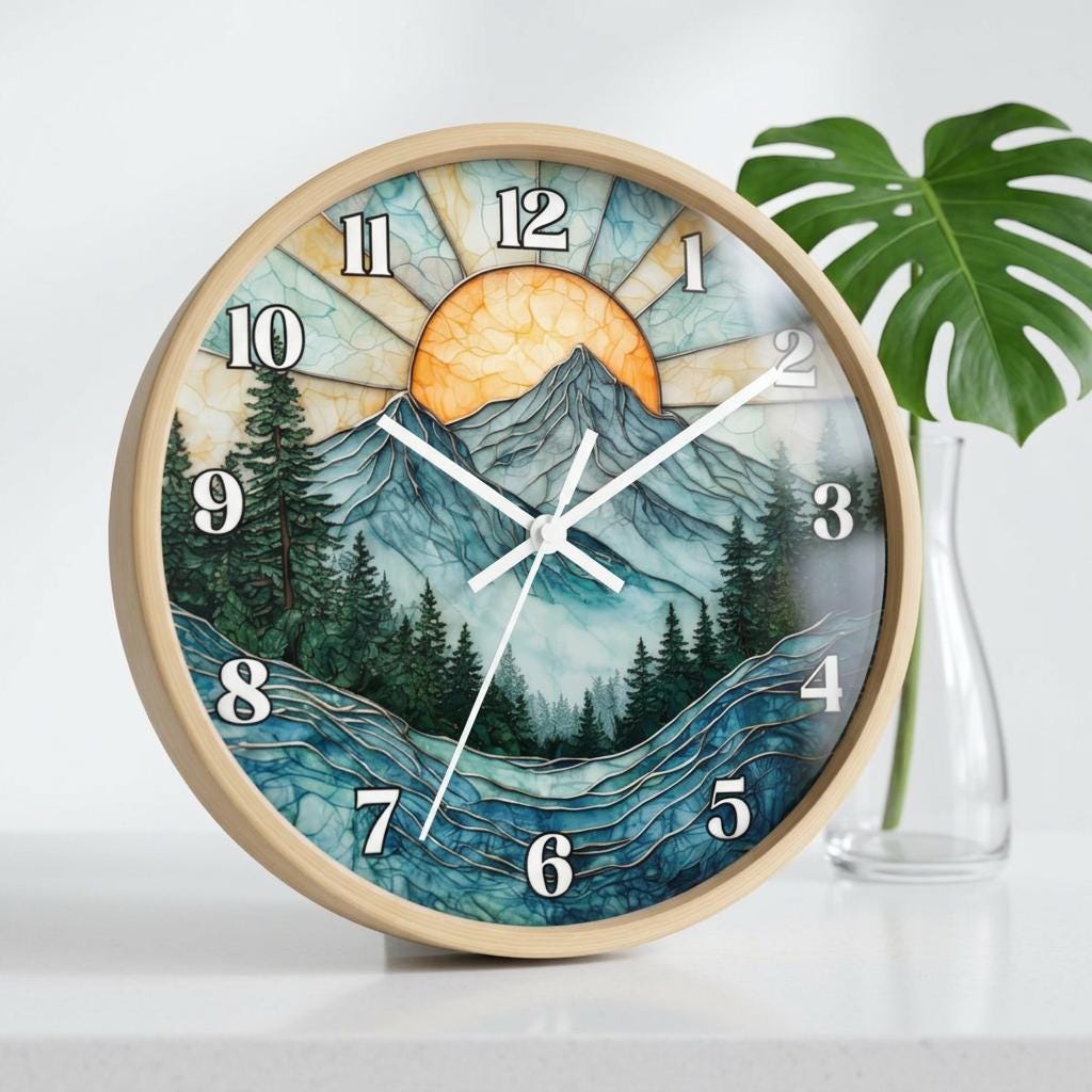 Mountain Sunrise Stained Glass Clock: Pine Forest Nature Wall Art (10" Diameter)