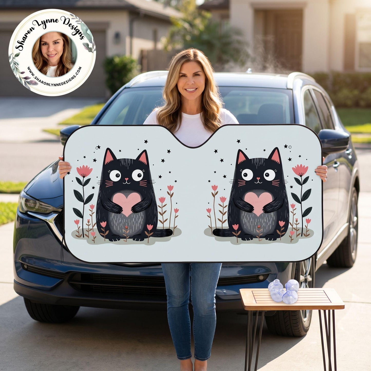 Cat Windshield Shade, Stiff Sunshade with Blue Cat Design for Auto Heat Protection