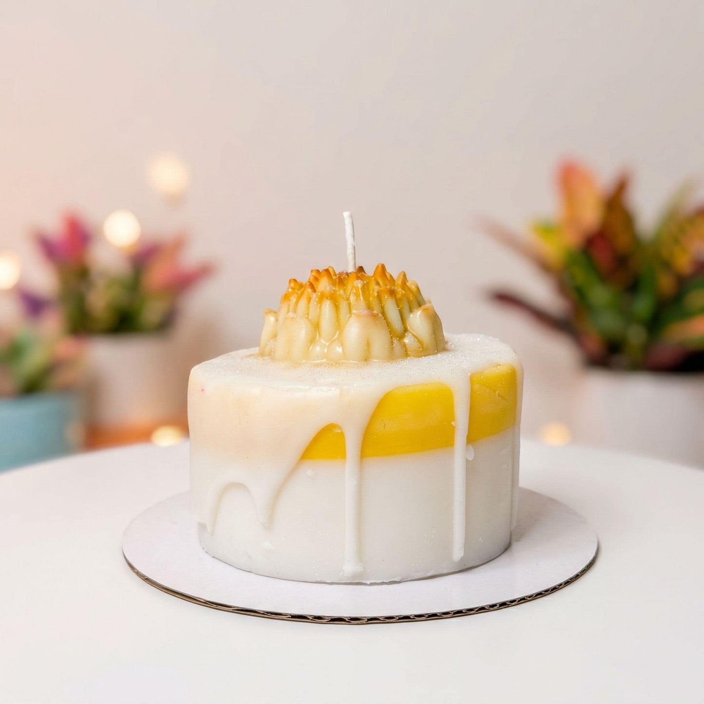 Handcrafted White Yellow Decorative Drip Birthday Cake Candle - Artisan Made Celebration Decor
