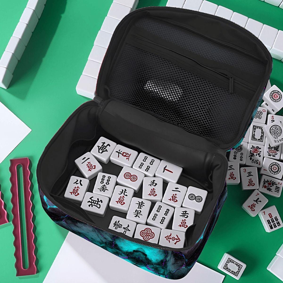 Neon Marble Portable Mahjong Bag - Travel Storage Case Organizer for Tiles Game Set Accessories