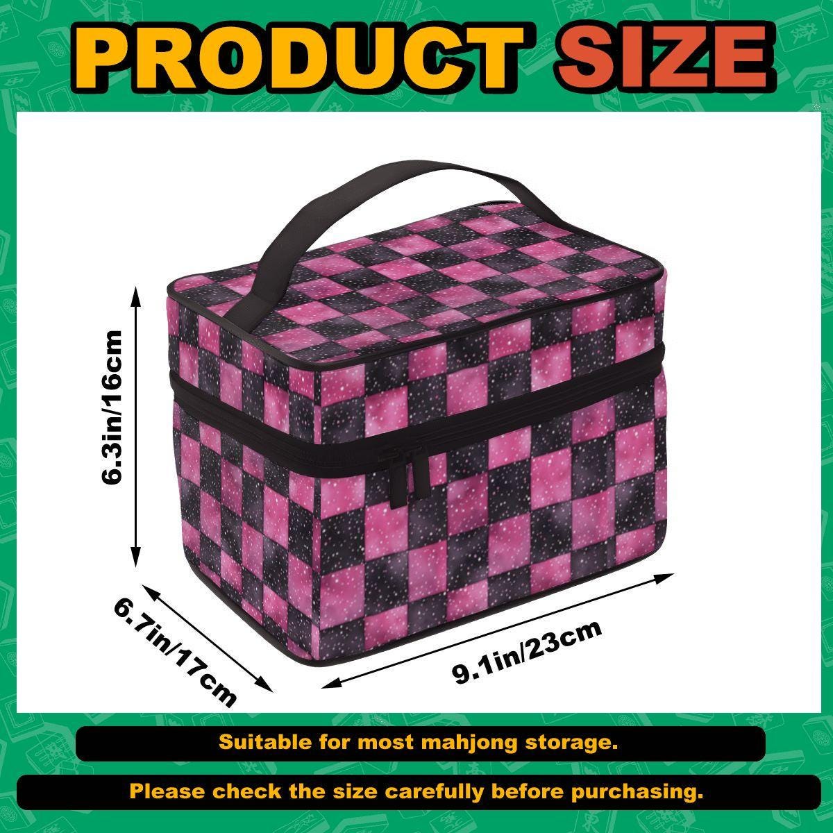 Pink Black Checkered Portable Mahjong Bag Travel Case Storage Organizer
