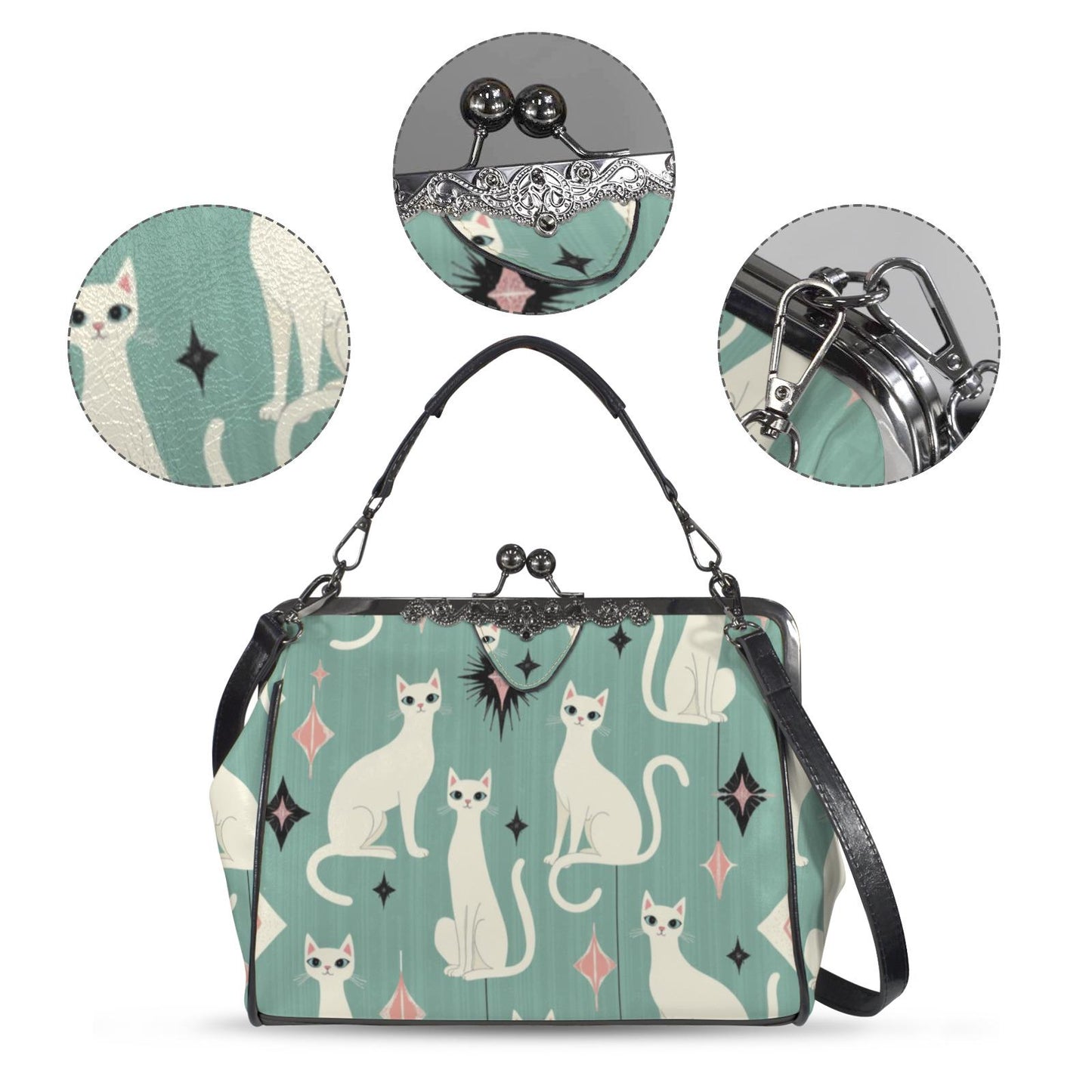 Retro Cat Kiss Lock Crossbody Shoulder Bag Vintage Feline Clasp Handbag Purse